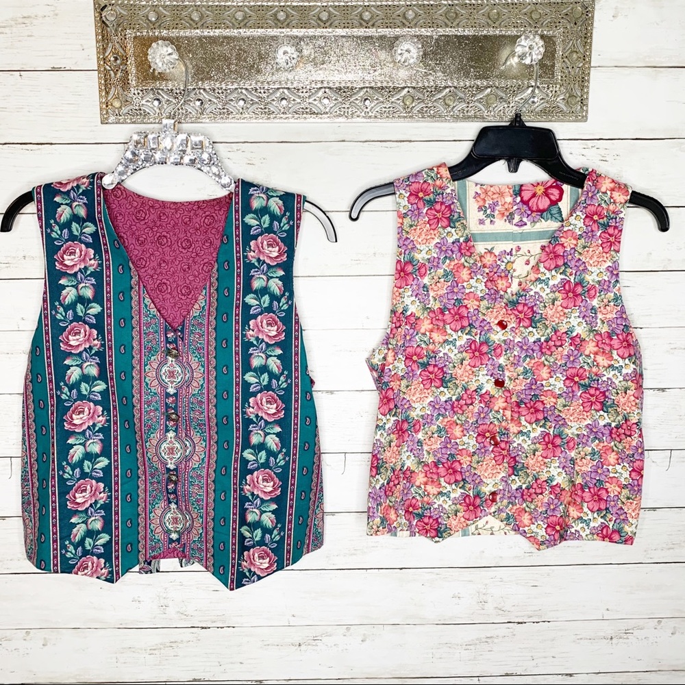 Vintage Set of 2 Handmade Floral Button Up Vests waistcoat